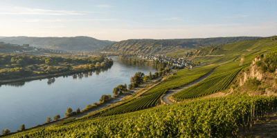 Vigneti della Mosella lussemburghese disposti sui pendii lungo il fiume, con un piccolo borgo nella valle.