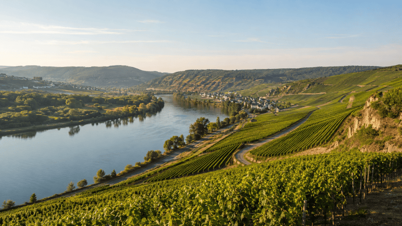 Vigneti della Mosella lussemburghese disposti sui pendii lungo il fiume, con un piccolo borgo nella valle.