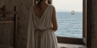 Donna vestita di bianco osserva il mare da un’antica finestra ad arco, accanto a un telaio, mentre una nave appare all’orizzonte.