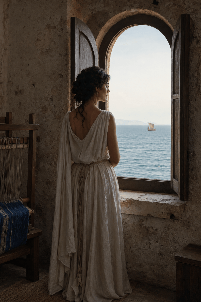 Donna vestita di bianco osserva il mare da un’antica finestra ad arco, accanto a un telaio, mentre una nave appare all’orizzonte.