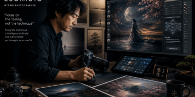 Fotografo giapponese al lavoro con fotocamera professionale mentre utilizza strumenti di intelligenza artificiale per sviluppare immagini artistiche in uno studio moderno.