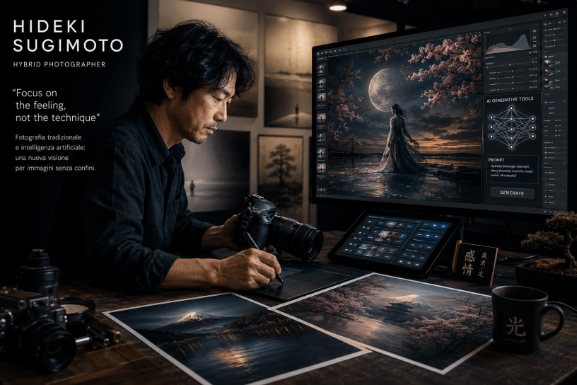 Fotografo giapponese al lavoro con fotocamera professionale mentre utilizza strumenti di intelligenza artificiale per sviluppare immagini artistiche in uno studio moderno.