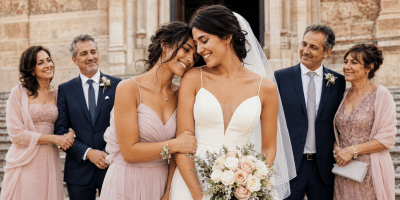 Una sposa abbraccia affettuosamente una giovane donna davanti a una cattedrale, mentre due coppie di genitori le osservano sorridendo.