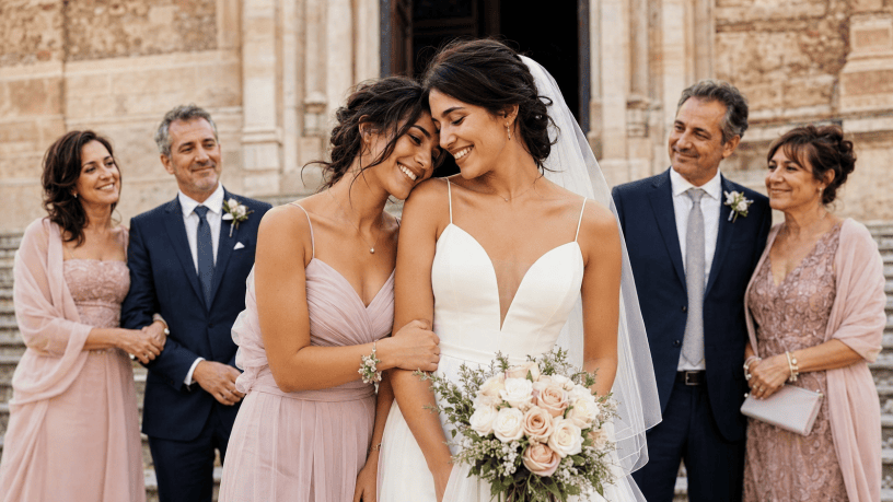 Una sposa abbraccia affettuosamente una giovane donna davanti a una cattedrale, mentre due coppie di genitori le osservano sorridendo.