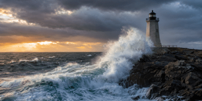 Grande onda si infrange contro una costa rocciosa accanto a un faro, mentre la luce dell’alba appare tra le nuvole.