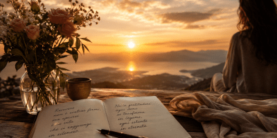 Donna in contemplazione davanti a un tramonto con un libro aperto, fiori e una tazza su un tavolo di legno, simbolo della gratitudine, della condivisione e del senso profondo dell'esistenza.