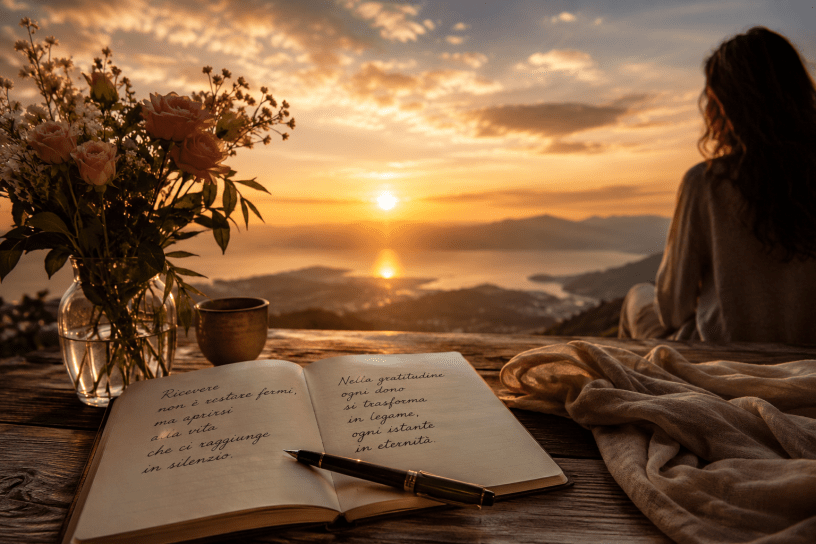 Donna in contemplazione davanti a un tramonto con un libro aperto, fiori e una tazza su un tavolo di legno, simbolo della gratitudine, della condivisione e del senso profondo dell'esistenza.