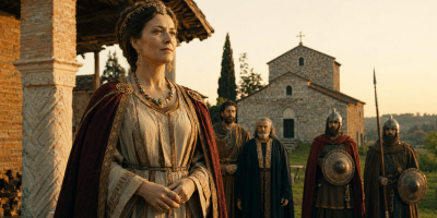 Ricostruzione fotografica della regina Teodolinda davanti all’antica basilica di Monza, accompagnata da dignitari e guardie longobarde.