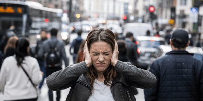 Persona in una strada cittadina molto rumorosa mentre si copre le orecchie, a rappresentare l'influenza del rumore sulla percezione del tempo secondo gli studi neuroscientifici.