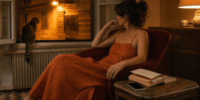 Donna seduta su una poltrona bordeaux accanto alla finestra durante una calda sera estiva, mentre una gatta osserva la strada illuminata da un lampione.