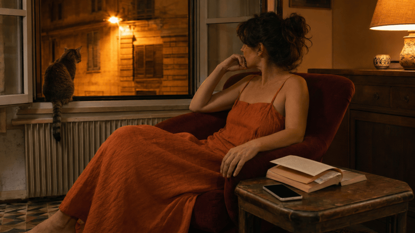 Donna seduta su una poltrona bordeaux accanto alla finestra durante una calda sera estiva, mentre una gatta osserva la strada illuminata da un lampione.