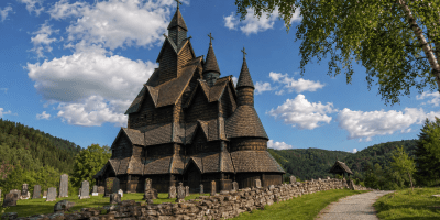 Chiesa medievale in legno di Heddal a Notodden, circondata dal verde e da un antico cimitero sotto il cielo della Norvegia.