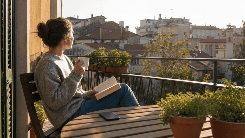 Donna seduta su un balcone cittadino mentre legge un libro e beve una bevanda calda, con lo smartphone inutilizzato sul tavolo.