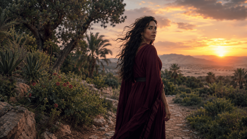Rappresentazione fotografica di Lilith, con un lungo abito bordeaux, mentre lascia il giardino primordiale al tramonto.