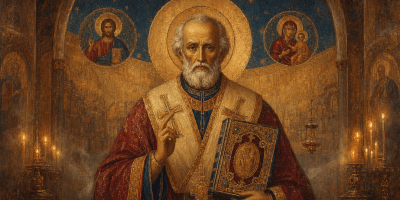 San Nicola in abiti vescovili ortodossi benedice i fedeli tenendo in mano un prezioso libro dei Vangeli.