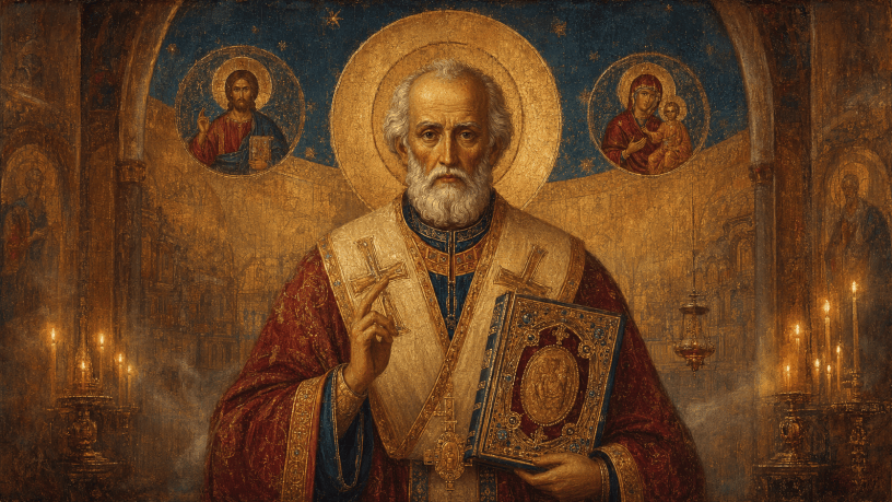 San Nicola in abiti vescovili ortodossi benedice i fedeli tenendo in mano un prezioso libro dei Vangeli.