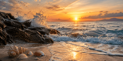 Onde del mare che si infrangono contro gli scogli al tramonto, con conchiglie sulla riva illuminate dalla luce dorata.