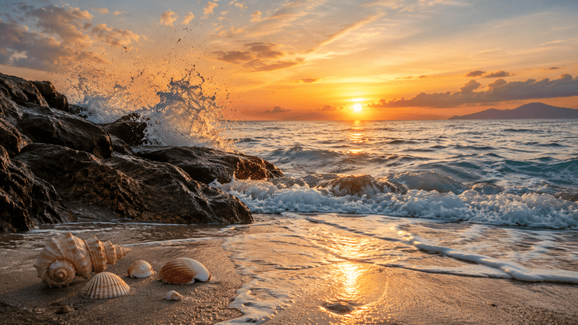 Onde del mare che si infrangono contro gli scogli al tramonto, con conchiglie sulla riva illuminate dalla luce dorata.