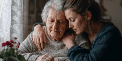 Una figlia abbraccia con tenerezza la madre anziana affetta da Alzheimer in un momento di profondo affetto e vicinanza, all'interno di una stanza illuminata dalla luce naturale.