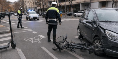 Automobile danneggiata, bicicletta a terra e monopattino vicino a un incrocio urbano presidiato dalla Polizia Locale dopo un incidente stradale.