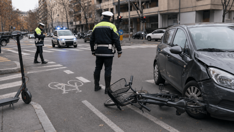 Automobile danneggiata, bicicletta a terra e monopattino vicino a un incrocio urbano presidiato dalla Polizia Locale dopo un incidente stradale.