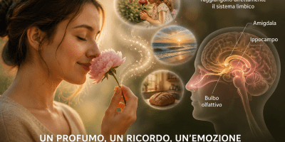 Una persona annusa un fiore mentre immagini simboliche del cervello e ricordi evocano il legame tra olfatto, memoria ed emozioni, illustrando il fenomeno studiato dalle neuroscienze.
