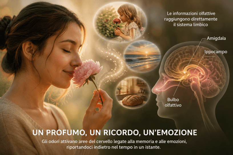 Una persona annusa un fiore mentre immagini simboliche del cervello e ricordi evocano il legame tra olfatto, memoria ed emozioni, illustrando il fenomeno studiato dalle neuroscienze.