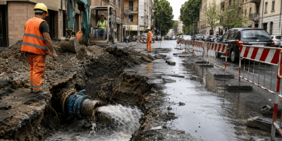 Cantiere stradale urbano con operai, escavatore e una tubazione dell’acquedotto danneggiata da cui fuoriesce acqua, immagine simbolica dei recenti guasti alla rete idrica di Alessandria.