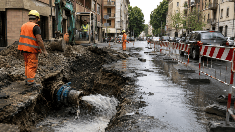 Cantiere stradale urbano con operai, escavatore e una tubazione dell’acquedotto danneggiata da cui fuoriesce acqua, immagine simbolica dei recenti guasti alla rete idrica di Alessandria.