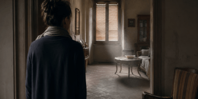 Donna vista di spalle si ferma sulla soglia di una stanza silenziosa, con mobili immobili, persiane chiuse e polvere sospesa nella luce.