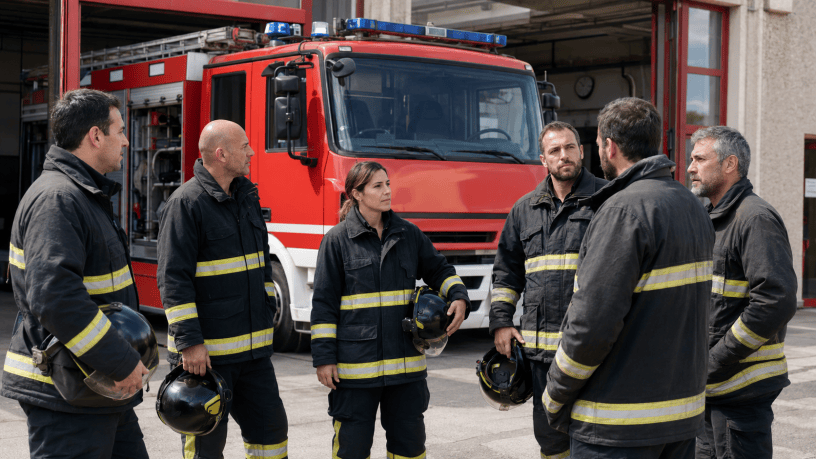 Un gruppo di Vigili del Fuoco riunito davanti alla caserma e a un’autopompa pronta per gli interventi di emergenza.