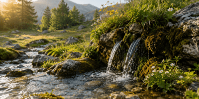 Fresche sorgenti d’acqua limpida sgorgano tra rocce ricoperte di muschio e fiori selvatici in un paesaggio montano illuminato dal sole.