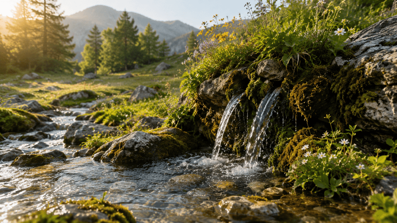 Fresche sorgenti d’acqua limpida sgorgano tra rocce ricoperte di muschio e fiori selvatici in un paesaggio montano illuminato dal sole.