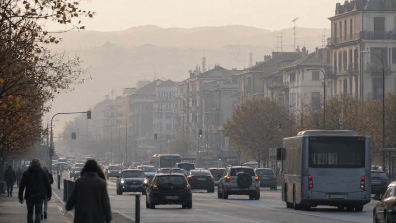 Strada urbana trafficata avvolta da una leggera foschia, con automobili, autobus e palazzi sullo sfondo, immagine simbolica dell’inquinamento atmosferico nelle città piemontesi.