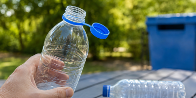 Bottiglia di plastica trasparente con tappo blu solidale, tenuta da una mano vicino a un contenitore per la raccolta differenziata.