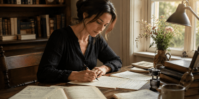 Donna intenta a scrivere poesie a un tavolo di legno
