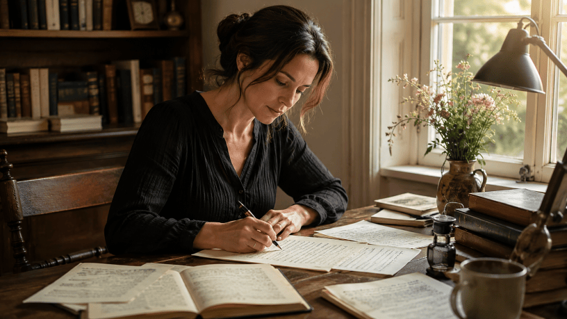 Donna intenta a scrivere poesie a un tavolo di legno