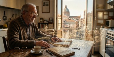 Testo Alternativo (Alt Text): Un anziano signore con gli occhiali siede al tavolo di una cucina luminosa mentre legge un libro aperto, da cui si sprigionano scie luminose dorate con illustrazioni eteree di cavalli in corsa e versi poetici. Sullo sfondo, una finestra aperta mostra i tetti e una cupola di una città storica italiana.