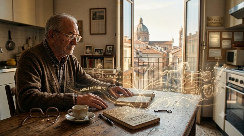 Testo Alternativo (Alt Text): Un anziano signore con gli occhiali siede al tavolo di una cucina luminosa mentre legge un libro aperto, da cui si sprigionano scie luminose dorate con illustrazioni eteree di cavalli in corsa e versi poetici. Sullo sfondo, una finestra aperta mostra i tetti e una cupola di una città storica italiana.