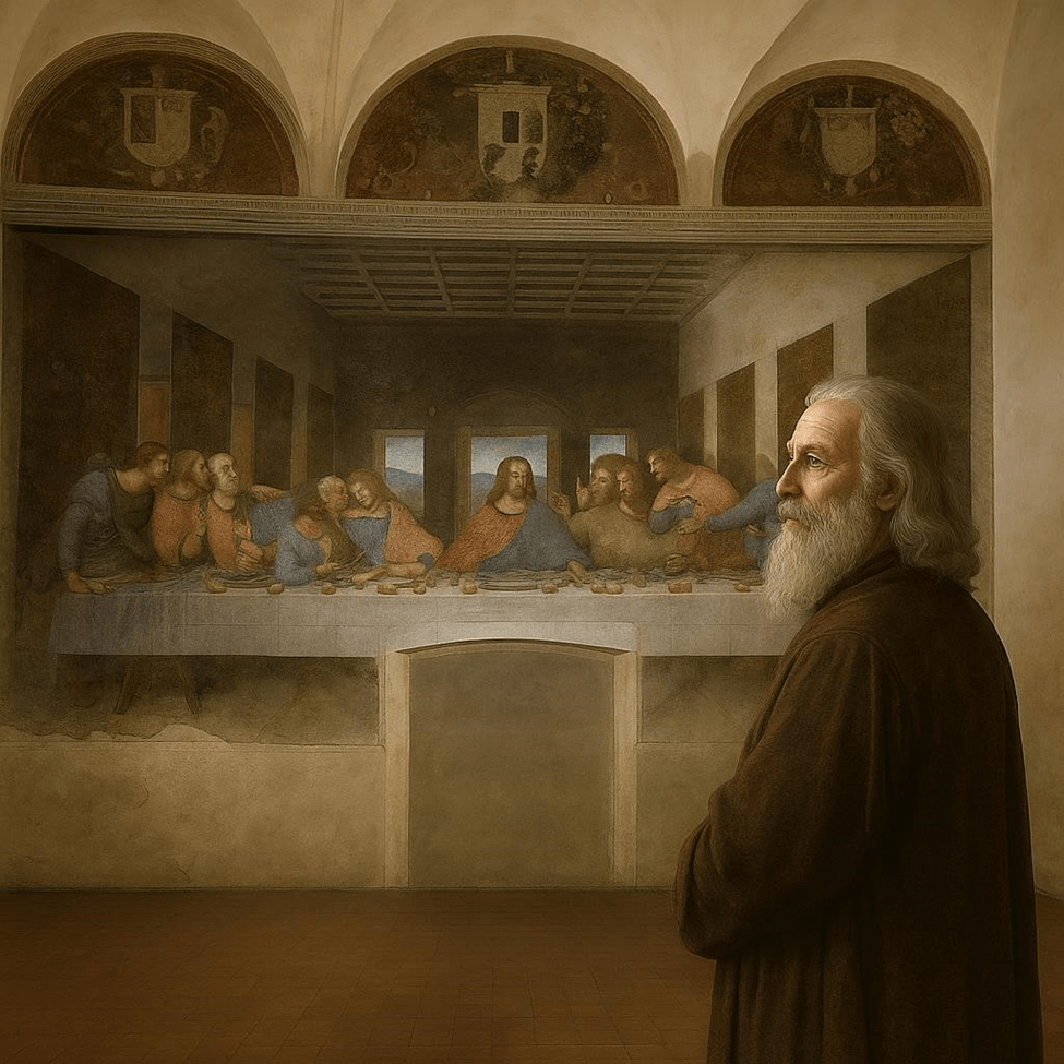A man with a long beard in a dark robe stands in front of a mural depicting 'The Last Supper', featuring Jesus and his disciples at a table.
