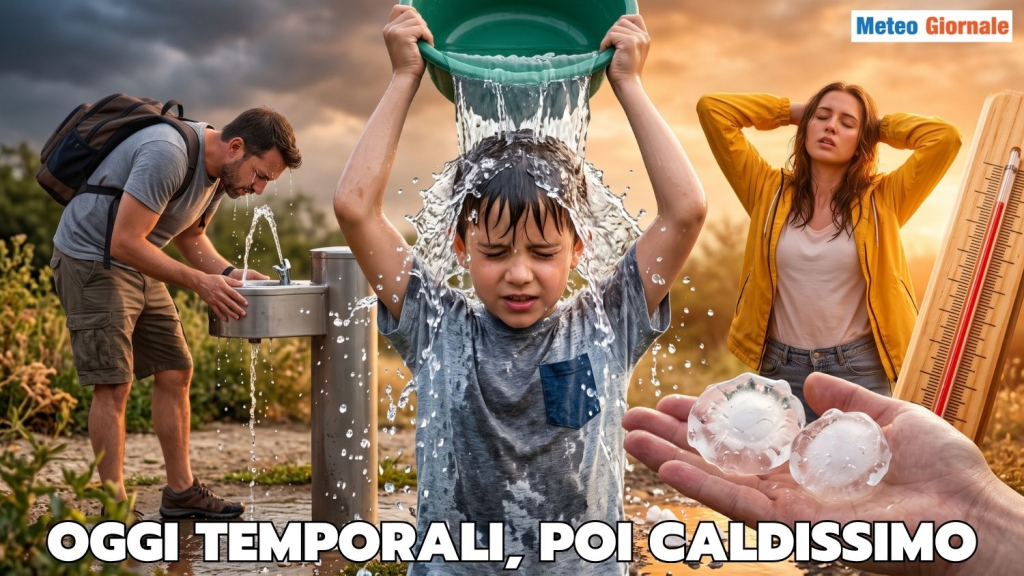 A child getting splashed with water while standing under a bucket, with a man nearby using a water fountain and a woman looking on, emphasizing summer heat and weather changes.