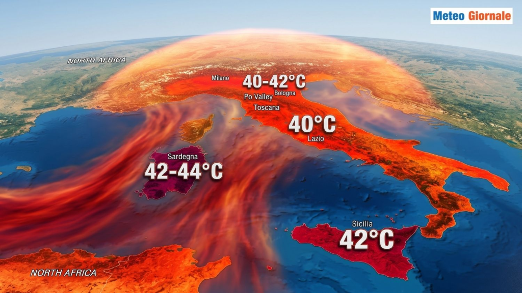 A weather map showing high temperatures across Italy with regions like Milano, Po Valley, Toscana, Lazio, Sardegna, and Sicilia experiencing temperatures between 40-44°C.
