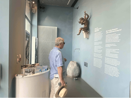 An older man in a light blue shirt and hat is observing a wall exhibit in an indoor space featuring a sculpture of a monkey and informational text.
