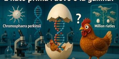 Illustrazione divulgativa che rappresenta il celebre quesito "È nato prima l'uovo o la gallina?", con una gallina, un uovo aperto, una doppia elica del DNA, microscopi e riferimenti all'evoluzione e alla genetica in un laboratorio scientifico.