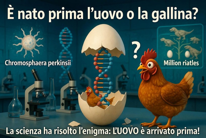 Illustrazione divulgativa che rappresenta il celebre quesito "È nato prima l'uovo o la gallina?", con una gallina, un uovo aperto, una doppia elica del DNA, microscopi e riferimenti all'evoluzione e alla genetica in un laboratorio scientifico.