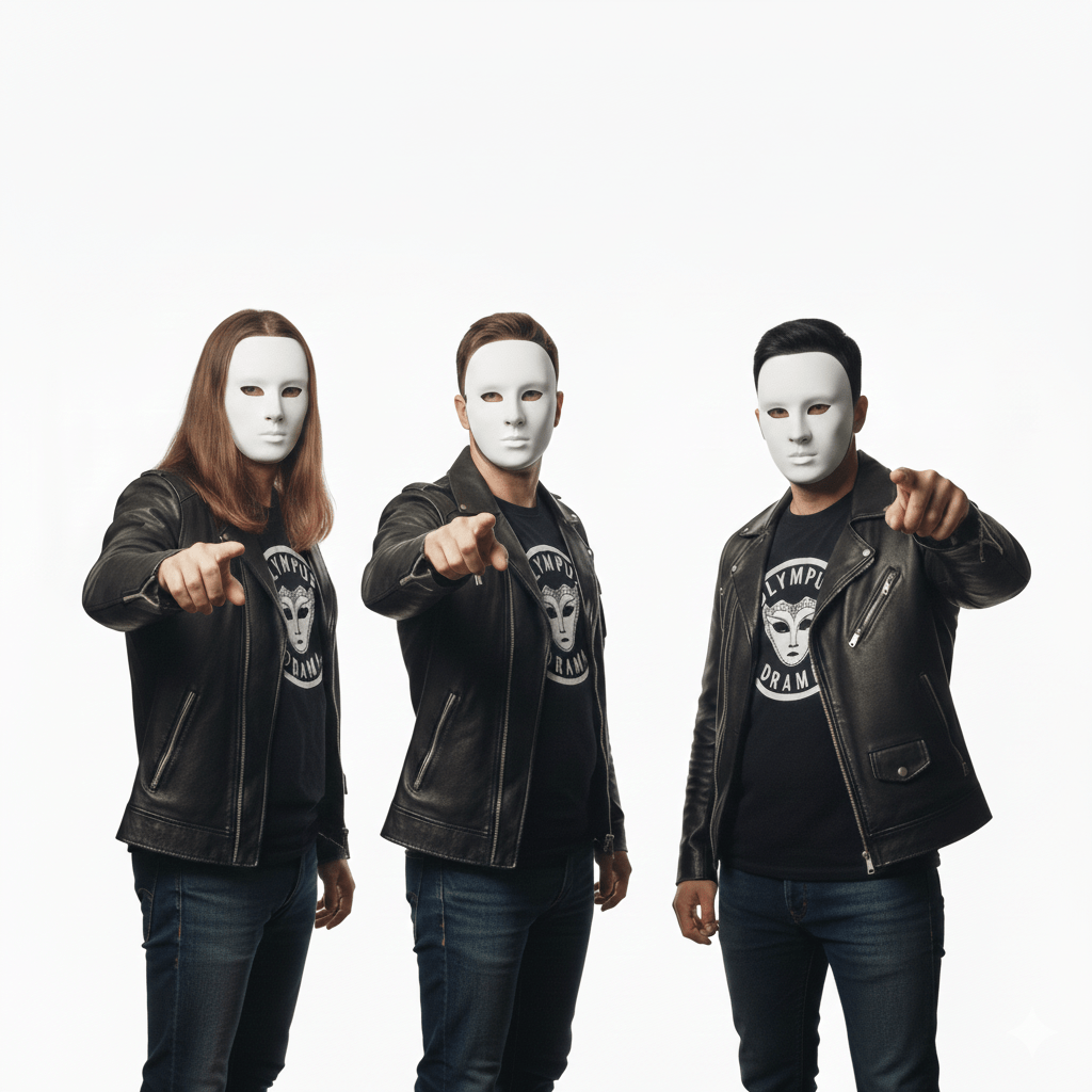 Three individuals wearing white masks and black leather jackets, pointing towards the camera.