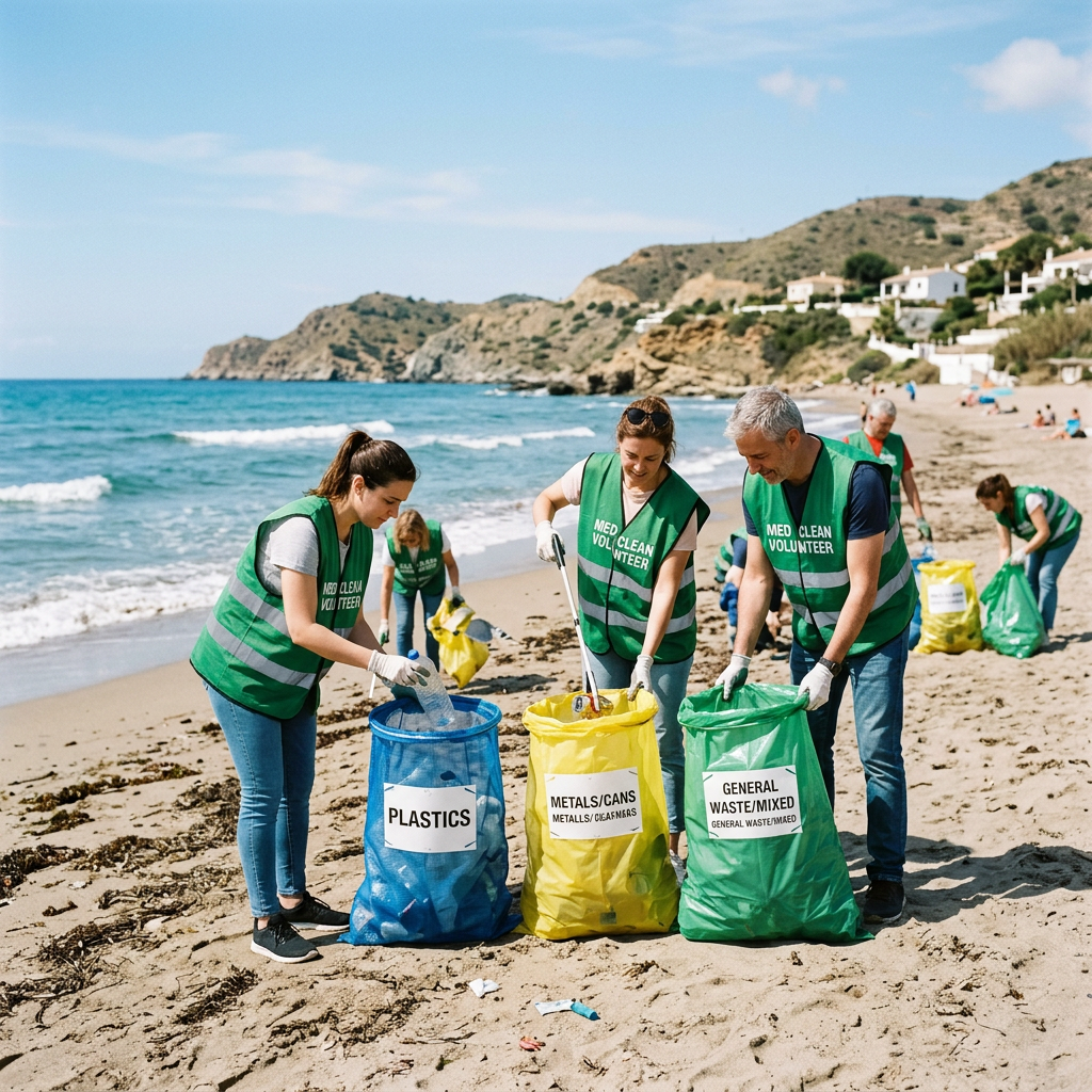 Volunteers on a beach picking up trash and sorting into bags labeled plastics, metals/cans, and general waste