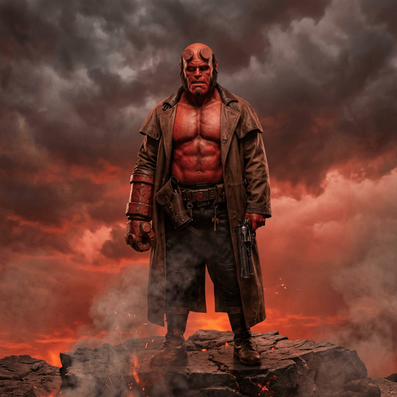 Hellboy standing on cracked volcanic rock holding a large gun
