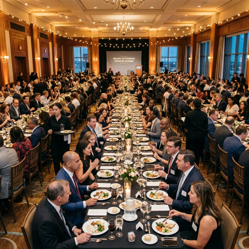 Large banquet hall with guests seated at long tables having a formal dinner