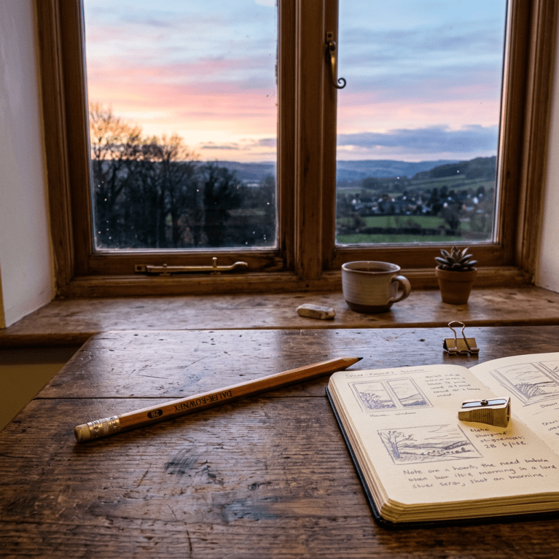 Wooden desk with pencil, open sketchbook showing tree sketches, cup, and small plant by window at sunset